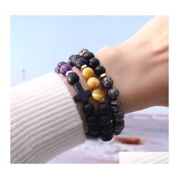 Kralen strengen natuursteen kraal kruis bedel armband handgemaakte instelbare zwarte matte agaat kralen elastische touw armbanden sieraden f otzot