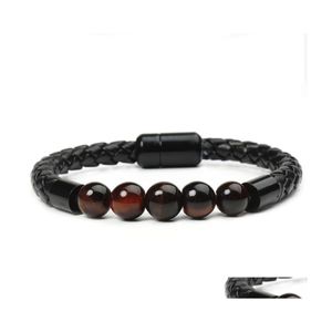 Kralen strengen natuursteen armbanden echt leer gevlochten armband zwart roestvrijstalen magnetische clasp tijger oog kralen armbanden dhlac