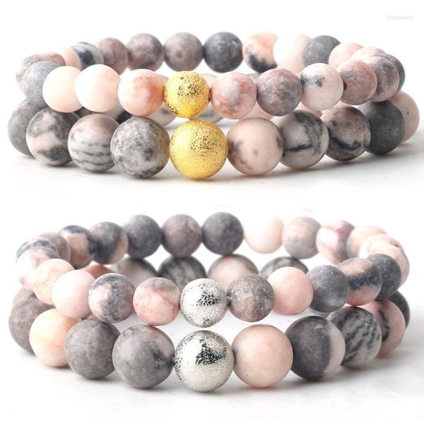 Hebras de cuentas Piedra natural Jaspers de cebra rosa Cuentas redondas Pareja Pulsera Longitud de la cadena 19 cm Para hombres Mujeres 6 mm 8 mm 10 mm Oro plateado Lars