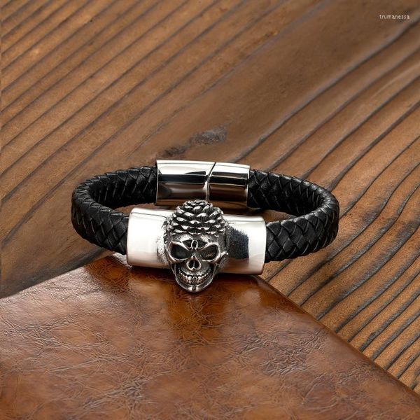 Bracelet de corde en cuir noir magnétique en acier inoxydable pour hommes néo-gothique Punk crâne brins de perles cadeau d'halloween Trum22