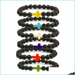 Hilos de cuentas Nuevos hilos Aceite esencial por difusor 8Mm Lava negra Cruz Cuentas de piedra Pulsera Estiramiento Yoga Joyería 843 Q2 Gota Del Dhhry