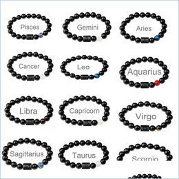 Brins De Perles Date 10Mm Brins De Pierre D'agate Noire 12 Constellation Couple Bracelet Hommes Bracelets Pour Femmes Pseras Mascin Yydhhome Dh0Pk