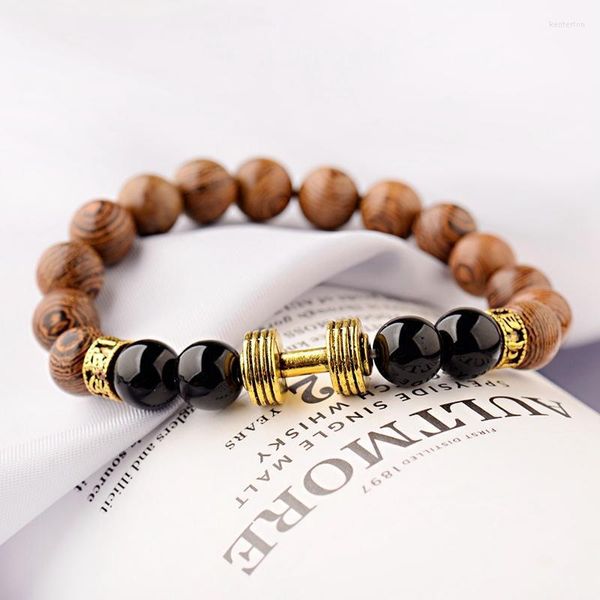 Beaded Strands Joli Bracelet en alliage d'haltères en bois naturel perles de pierre noire bracelets pour femme hommes Fitness bijoux d'haltères en or Pulseras Ken