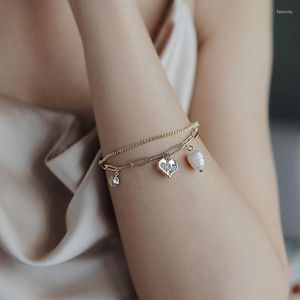 Kralen strengen oorsprong zomer vintage dubbele laag liefde hart brief armbanden voor vrouwen meisjes strass gold metal simulatie parel fawn22