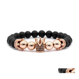 Hebras de cuentas Pave Zircon Corona Pulsera Encanto Hombres Hecho a mano Negro Mate Mujeres Tejiendo Joyas Granos de piedra Pulseras Entrega de la gota Dhvyq