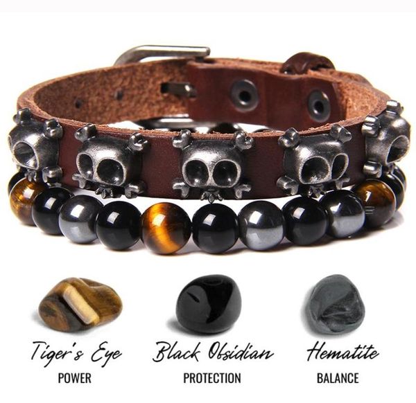 Brins perlés punk gothique rock crâne bracelet natural tigre œil de pierre bracelets pour hommes hématite obsidienne d'équilibre énergétique en cuir 8713425