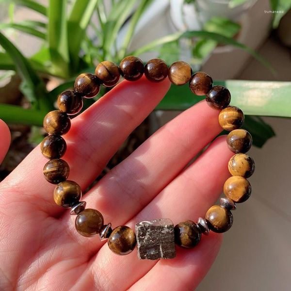 Hebras de cuentas Retro Pulseras de piedra natural Mineral crudo Pirita dorada Encanto Ojo de tigre Ágatas Lava negra Cristal Curación Joyería Hombres Trum22