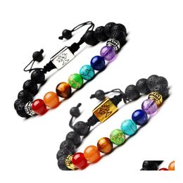 Strands de cuentas Arbelo de vida de árbol cuadrado Lava Rock Bracelets Women 7 Chakra Essential Oil Diffuser Stone Bangle for Men Arom OtoD6