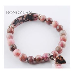 Brins de perles Bracelets extensibles Pierres précieuses naturelles Rhodochrosite Perles rondes Brins Bracelets Pendentif en forme de coeur pour les femmes Bijoux Lo Dhpox