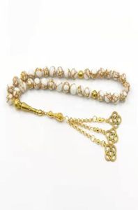 Kralen Strengen Tasbih Witte Howliet Gesponnen Gouden Steen Moslim Rozenkrans 33 Paryer Kralen Misbaha Islamitische Eid Gift Armbanden9021385