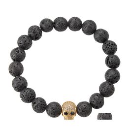 Perles de perles Bracelet de chaîne de perles de roche de lave de qualité supérieure pierre d'énergie naturelle noire avec bracelet de charme squelette Skl en or pour les femmes Otmug