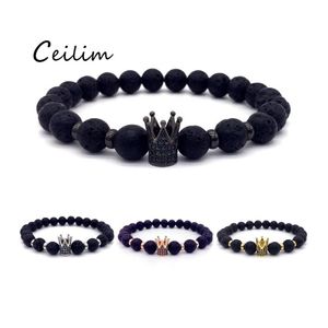 Kralen strengen trendy bal zwarte lava stenen kraal armbanden plave cz king kroon en helm charmelarmband voor mannen vrouwen luxe juwelier ototl