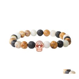 Brins de perles à la mode Bracelets de perles de pierre de lave noire Pave Cz Skl Bracelet à breloques pour hommes femmes Yoga bijoux cadeau livraison directe Othcf