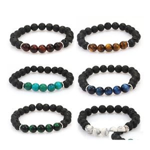 Hebras de cuentas Pulseras de cuentas de piedra de lava negra natural de moda 8Mm Difusor volcánico de ojo de tigre Pulsera de cuentas de Yaga para hombres Mujeres Judío Otagp