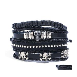 Kralen strengen vintage gotische punk skl metaal mtilayer lederen kralen armband mannen bedel armbanden arm sieraden drop levering oti3w