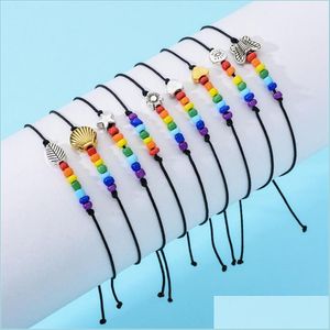 Brins de perles en gros Bohème arc-en-ciel brins perle coquille papillon bracelets corde noire tressé tricot chaîne à main réglable B Dhj2A