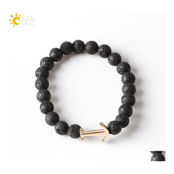 Perles Brins En Gros Hommes Bracelet Véritable Pierre Naturelle Perle Ancre Bracelets Pour Femme Mat Noir Lave Volcanique Roche Méditation Dhxs9