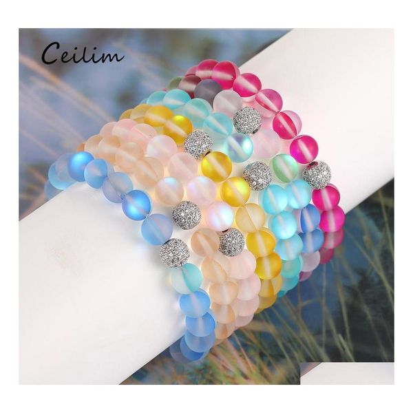 Hebras de cuentas Mujeres Hombres Glass Flash Stone Beaded Bracelet 12 colores Moonstone Dl Polish Frosted Zircon Micro Paved Beads Charm para Ote0P