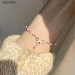 Pulsera de cadena de eslabones de perlas de imitación coreana dulce con cuentas para mujer chica elegante encanto cristal Bowknot arco joyería femenina regalos de fiesta YQ240226