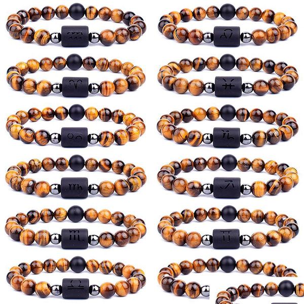 Perlé Tiger Eye Pierre 12 Constellation Couple Strand Bracelet Hommes Lion Bélier Verseau Sagittaire Zodiaque Balance Bracelets Pour Dhgarden Dht8K