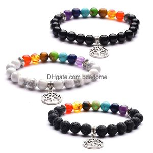 Árbol de cuentas de la vida Pulseras con dijes para mujeres Hombres Lava Rock Blanco Turquesa Ágata negra Cuentas de piedra natural Cadenas Moda 7 Chakra Di Dhmjw