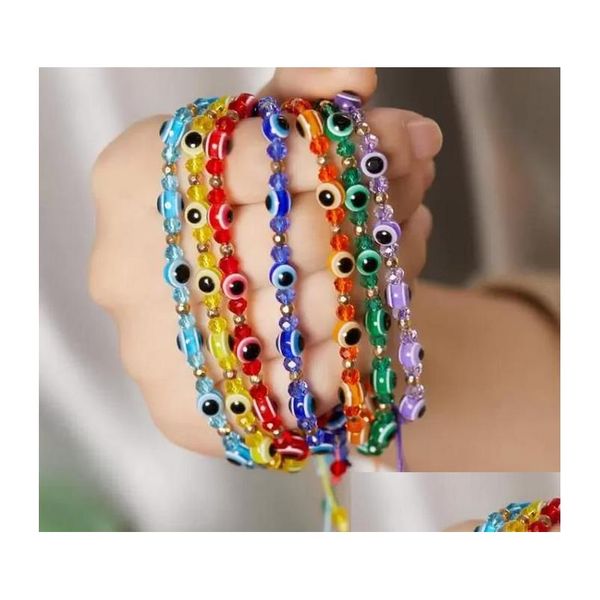 Perlé Turc Mauvais Oeil Bleu Perles Brins Bracelet À La Main Corde Tressée Chaîne Colorf Couple Cristal Bracelets Couleurs Mélangées Filles D Dhyb7