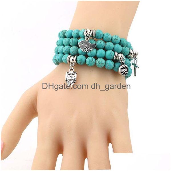 Perles Turquoise Bracelets Strand Hibou Éléphant Arbre De Vie Charme Bracelet Bracelet Poignets Pour Femmes Bijoux De Mode Will Et Sandy Gif Dh31X