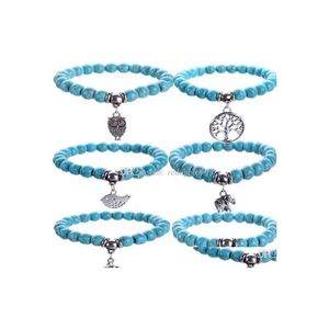 Perles Turquoise Hibou Charme Bracelet Vie Sagesse Arbre Croix Éléphant Pendentif Pierre Puissance Perles À La Main Stretch Pour Homme Et Femme Dro Dhtky