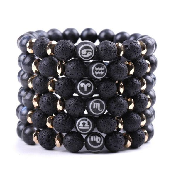 Perlé Mise à jour Noir Pierre Naturelle Brins Twee Constell Bracelet Horoscope Signe Perles Bracelets Pour Femmes Hommes Bijoux De Mode Drop De Dhn9L