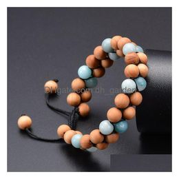 Kralen Vintage Amazoniet Houten Kralen Dubbele Rij Armband Steen Gevlochten Verstelbare Armbanden Bangle Manchet Vrouwen Mannen Mode-sieraden W Dhpdv