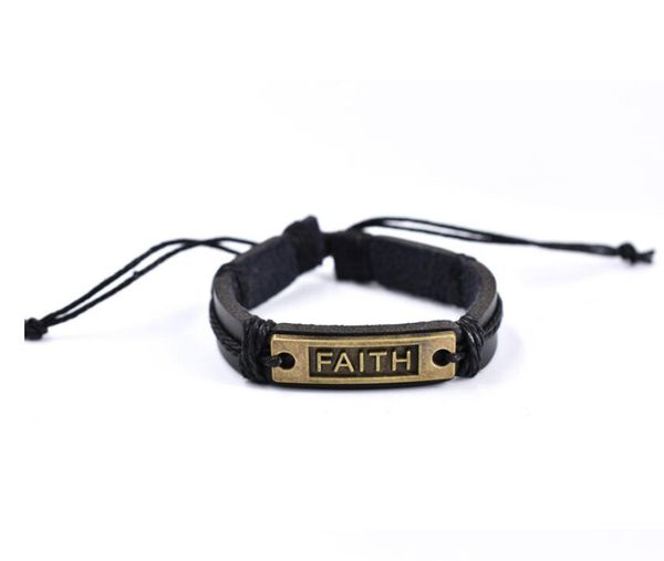 Con cuentas Vintage para hombre de cuero negro Carta de fe Pulsera Brazalete Cuerda trenzada Envoltura ajustable Cera Forrada Pulseras de papel Entrega de gota Otsh7