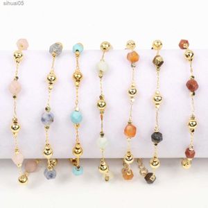 Bracelet perlé Vintage en acier inoxydable pour femmes, Agate Turquoise, pendentif en pierre de soleil, chaîne de Bracelets en pierre naturelle colorée YQ240226