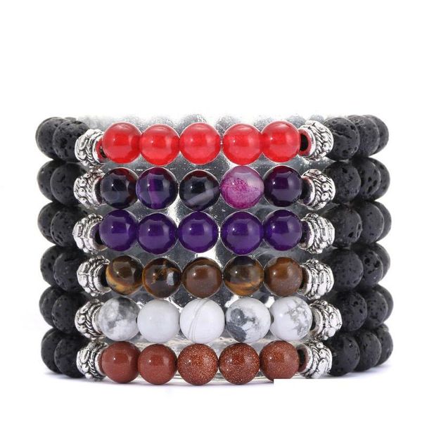 Pulseras de hebra de piedra volcánica con cuentas Piedras de ágata de la intemperie Conjunto de yoga mate Pulsera de cuentas de Buda para hombre Ojo de tigre étnico para mujer Dro Dhj9A