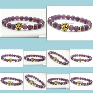 Perlé En Gros 8Mm Top Qualité Naturel Améthyste Pierre Perles Realgold Plaqué Tête De Lion Énergie Bracelets Hommes Bijoux Cadeau Drop Deliv Dhowx