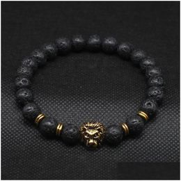 Perlé En Gros Tête De Lion Stands Bracelets Bijoux Noir Pierre De Lave Bracelet Pour Hommes Femmes Livraison Directe Dhf4J