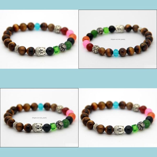 Beaded Whosale Design Beaded Mens Sier Buddha Bracelet Con Natural Tiger Eye Stone Beads Yoga Pulseras Drop Delivery Jewelry Dhhqw