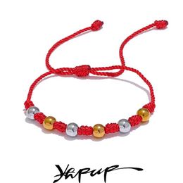 Kralen YHPUP unisex 7 knopen geluk handgemaakte geweven sieraden cadeau mode roestvrijstalen kralen rood touw gevlochten lot armband bangle 240423