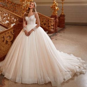 Kralende baljurk trouwjurk voor transparante lange mouw Vestidos de mariage tule prinses bruidsjurken 0516