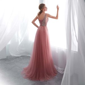 Kralen Avondjurk 2020 V-hals Roze High Split Tulle Sweep Train Mouwloze Prom Jurk A-Lijn Lace Up Backless Vestido de LJ201224