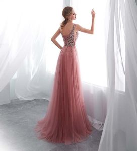 Kralen avondjurk 2020 vneck roze hoge split tule sweep trein mouwloze prom -jurk aline veter backless vestido de lj20124153124
