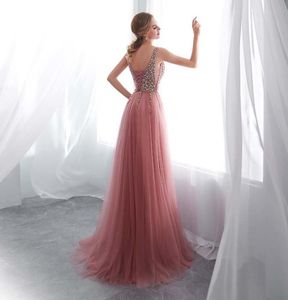 Kralen avondjurk 2020 vneck roze hoge split tule sweep trein mouwloze prom -jurk aline veter backless vestido de lj20129224293