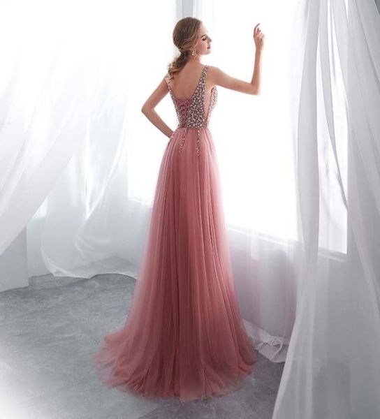 Vestido de noche Beading 2020 Vneck Pink High Split Tul Tul Train Train Manecels Prom Vestido Aline Lace Up Backless Vestido de LJ20124153124