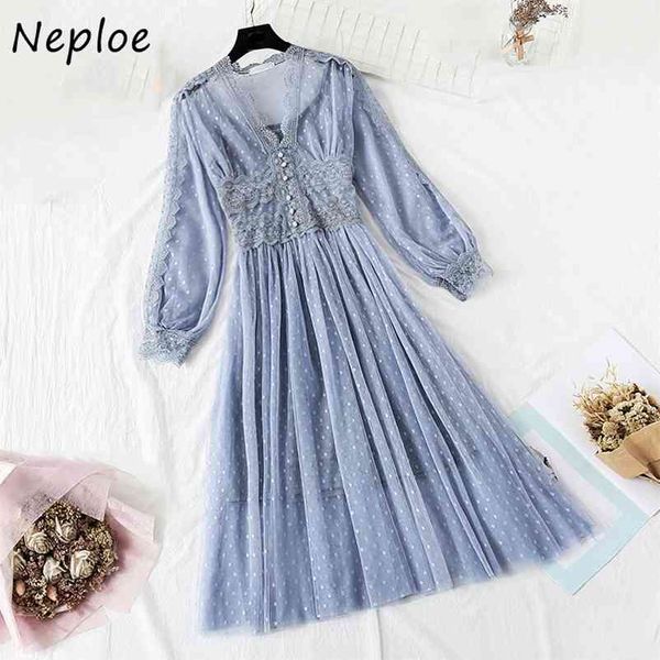 Perles dentelle maille Patchwork taille mince robe doux col en v à pois Femme Vestidos mode couleur unie robes femmes 210422