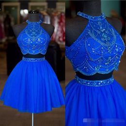 Kralen Royal Blue tweedelig Homecoming -jurken Tule A Line Jewel Neck Mouwloze Crystal Tail Party Ball Jurk