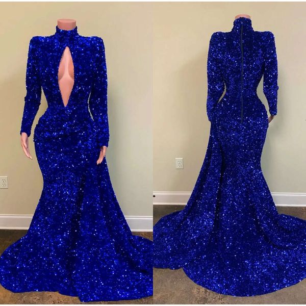 Robes de soirée à paillettes à perles Royal Blue 2021 High V Neck Sweep Train Sirène Robe Prom Real Image Robes formelles Party