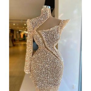 Perles à paillettes One Champagne Arabe Robes de promotion épaule Robe de soirée sur mesure High Neck Women Women Formel Celebrity Party Robe