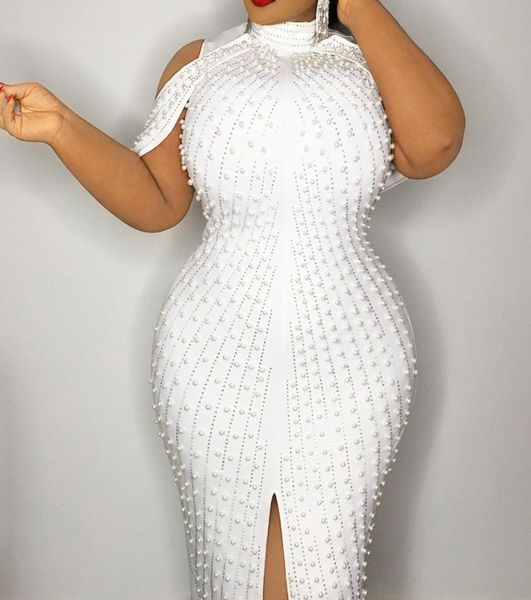 Perles blanc robes de soirée Cocktail été 2020 Sexy fendu grande taille moulante robe mi-longue élégant licou robe de cocktail 3713297