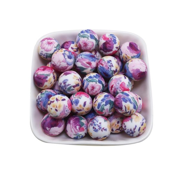 Beads 100 Uds. Cuentas de silicona con estampado de flores rosas de 15mm, cuentas redondas para bebés, dentición sin BPA, juguete de masticación sensorial DIY, accesorios para regalo