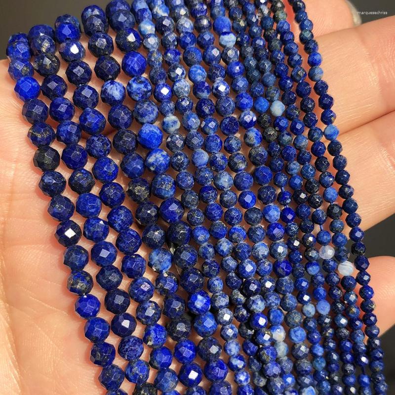 Perles 2 3 4mm 15 pouces pierre de Lapis Lazuli à facettes naturelles entretoise ronde en vrac pour la fabrication de bijoux à l'aiguille collier de Bracelet à bricoler soi-même