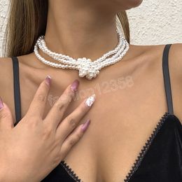 Chaîne de perles avec noeud de cravate collier ras du cou court pour les femmes à la mode couches perles chaînes de perles sur le cou collier de bijoux de mode